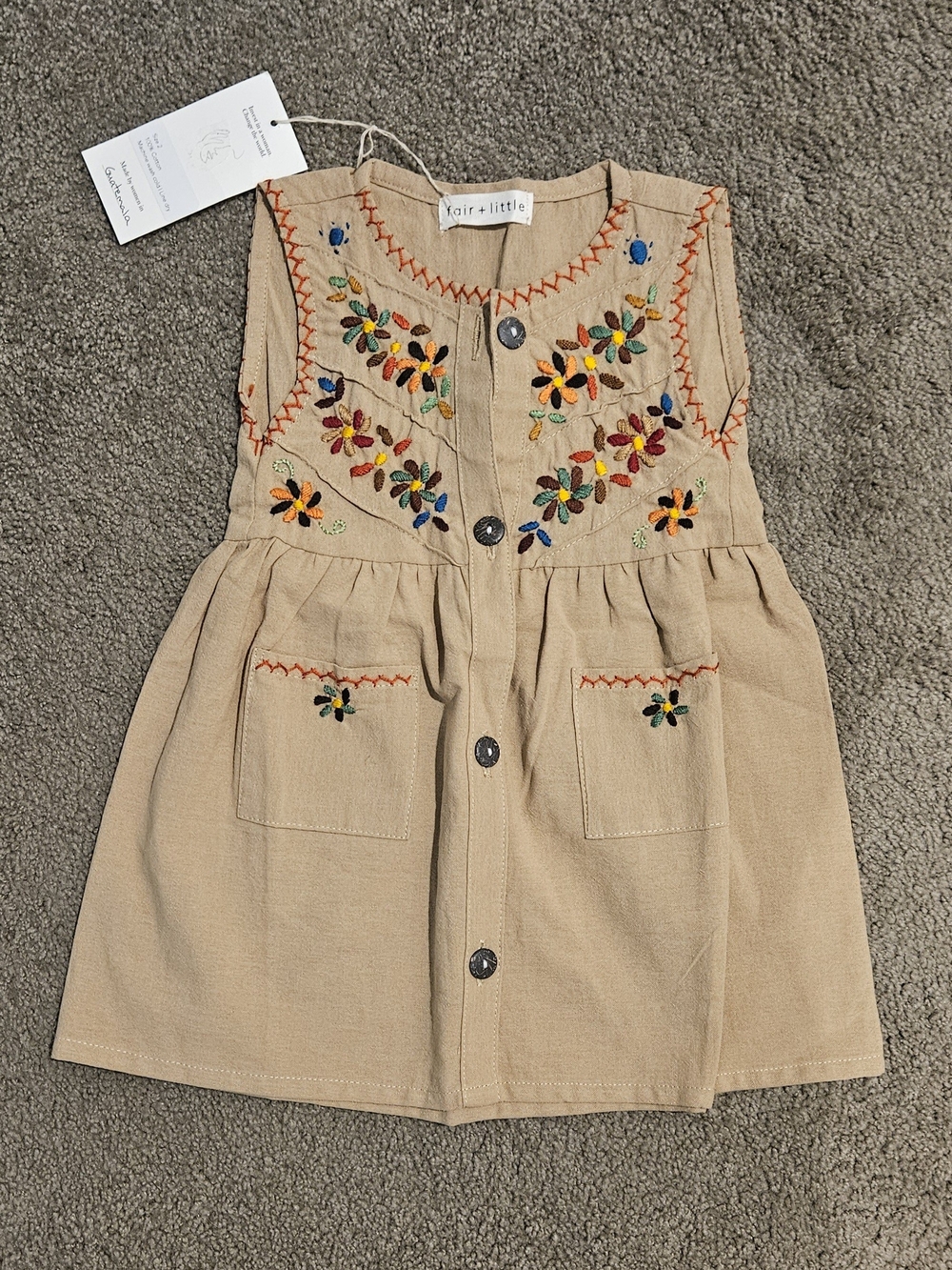 NWT Embroidered Tan Floral Button-Front Kids Dress